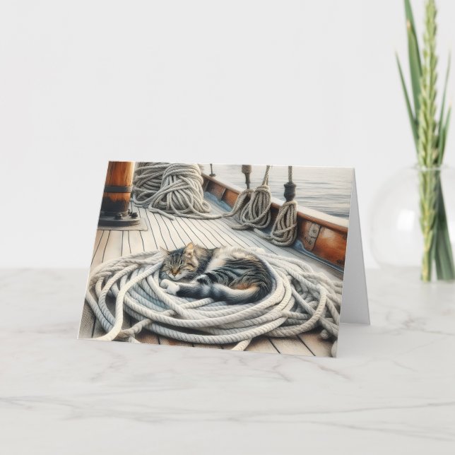 Cartão Gato Xadrez Pensando em Você Dormindo Sobre Cordas (Frente)
