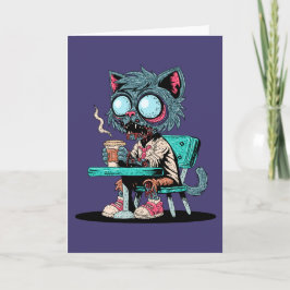 Cartão Gato Zumbi Amante de Café