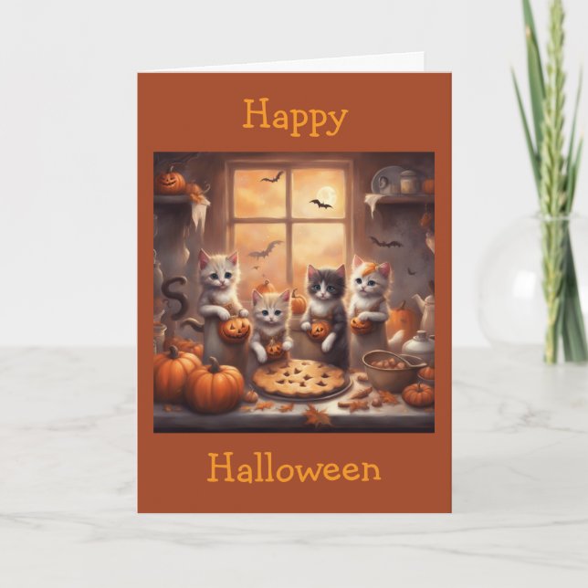 Cartão Gatos Abóboras Morcegos e Biscoitos caprichosos  (Frente)