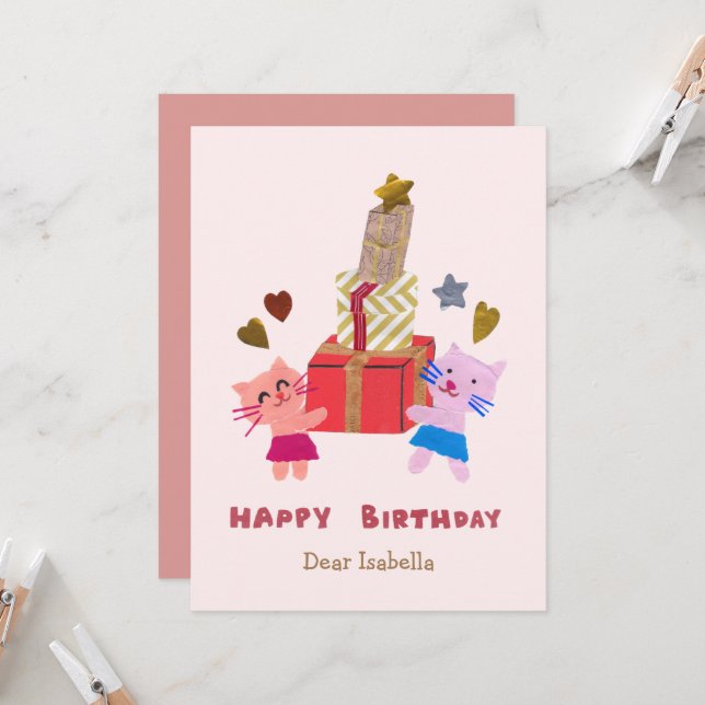 Cartão Gatos Adoráveis Segurando Presentes Rosa Feliz Ani (Frente/Verso In Situ)