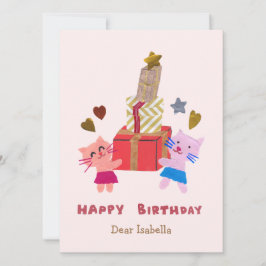 Cartão Gatos Adoráveis Segurando Presentes Rosa Feliz Ani
