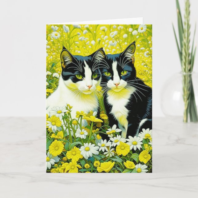 Cartão Gatos Adoráveis sentados em Daisies Feliz Aniversá (Frente)