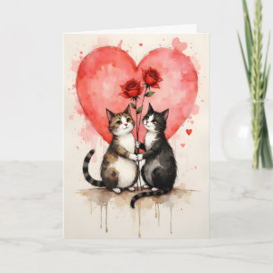 Cartão Gatos Caprichosos Corações de São Valentim e Rosas