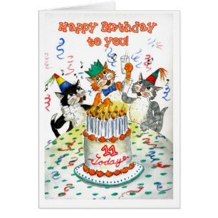 Cartão Gatos cómicos do canto 11o aniversário específi