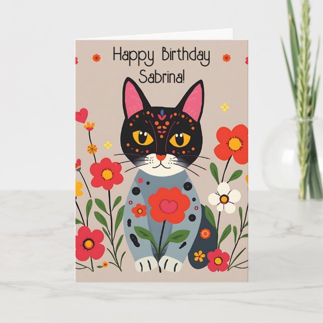 Cartão Gatos de arte e flores personalizadas Aniversário (Frente)