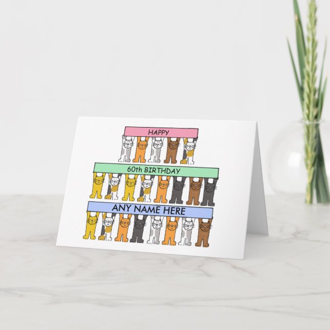 Cartão Gatos de Cartoon de 60 Anos para Personalizar (Frente)