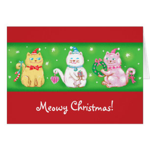 Cartão Gatos de Natal Meow de Desenho Animado Fofo com Ch