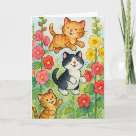 Cartão Gatos-do-campo espumantes no jardim de flores