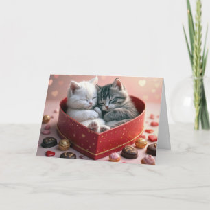 Cartão Gatos do Dia dos Namorados em uma Caixa de Doces