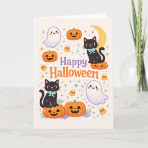 Cartão Gatos Fantasmas Aboboras Halloween Amigáveis