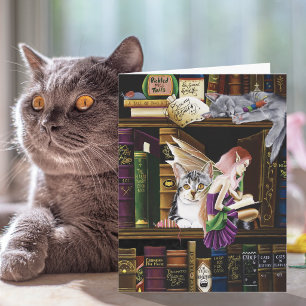 Cartão Gatos Mágicos Fadas Biblioteca Encantada Livros