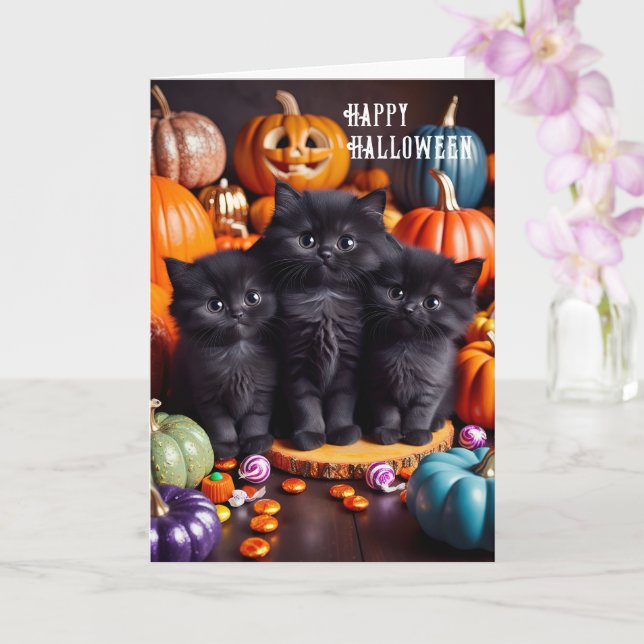 Cartão Gatos pretos de Halloween com abóboras e doces (Orquídea)