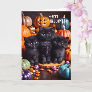 Cartão Gatos pretos de Halloween com abóboras e doces