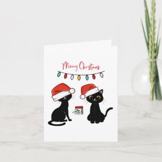Cartão Gatos Pretos em Chapéus de Papai Noel Feliz Natal