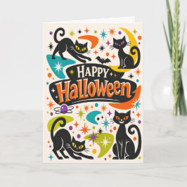 Cartão Gatos Pretos Retrô no Halloween