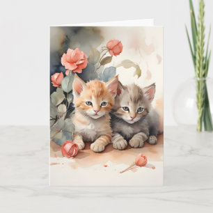 Cartão Gatos Tabby de Aquarela Abraçando Flores Fundo Bra