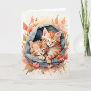 Cartão Gatos Tabby de Aquarela Dormindo Flores Branco