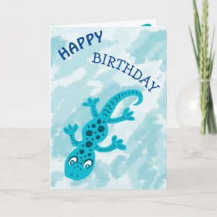 Cartão Gecko azul-escura e azul de aniversário feliz azu