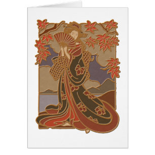 Cartão Geisha Japonês em Kimono Asian Bamboo Art
