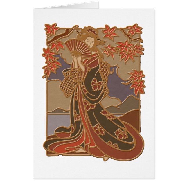 Cartão Geisha Japonês em Kimono Asian Bamboo Art (Frente)