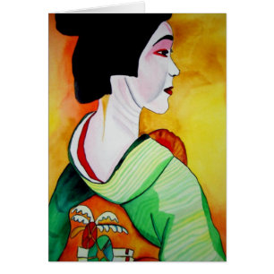 Cartão Geisha japonesa com arte original verde kimono