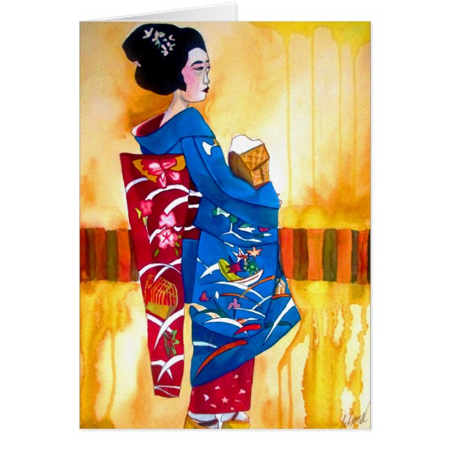Cartão Geisha japonesa com quimono azul (Frente)