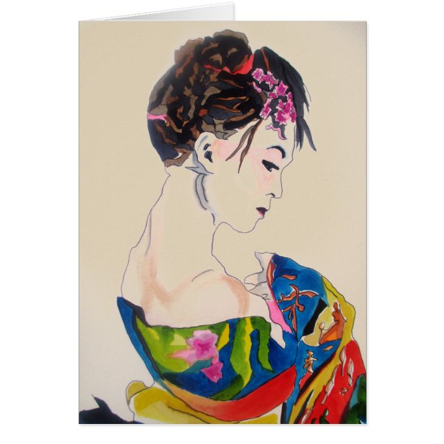 Cartão Geisha japonesa com quimono azul (Frente)