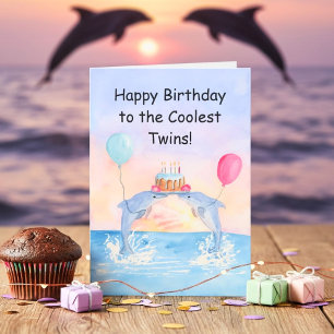 Cartão Gêmeos Feliz Aniversário Golfinhos com Bolo de Ani