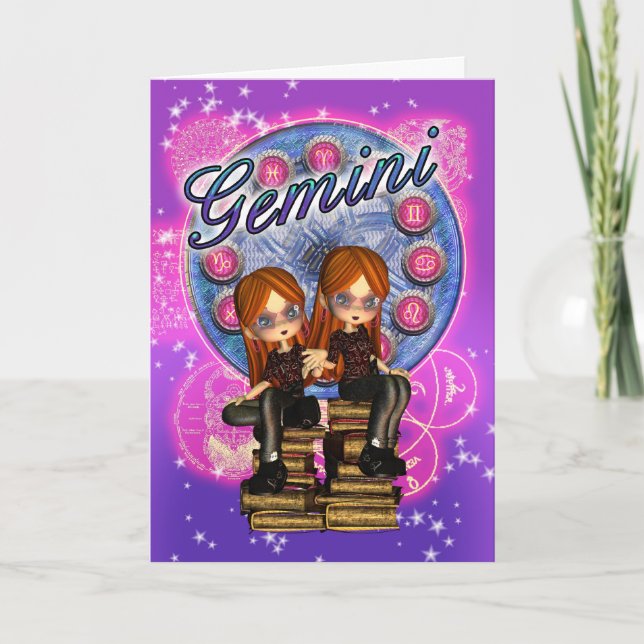 Cartão Gemini Zodiac Cute Card Com Garotas Gêmeas No Anti (Frente)