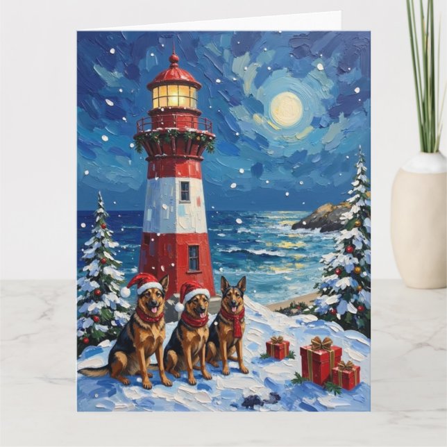 Cartão German Shepherd Christmas Lighthouse Holiday (Frente)