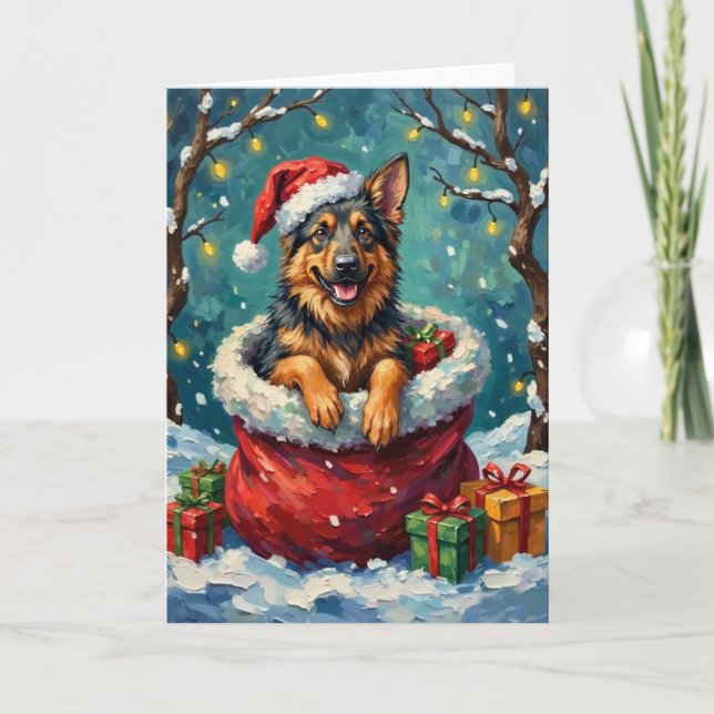 Cartão German Shepherd Christmas Santa Bag Adventure (Frente)