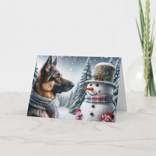 Cartão German shepherd De Natal Com Snowman (Frente)