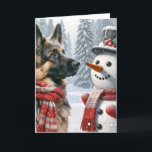 Cartão German shepherd De Natal Com Snowman<br><div class="desc">Um German shepherd que veste um lenço vermelho e branco se posiciona ao lado de um boneco de neve e um chapéu de cima em meio a uma paisagem de neve Texto pode ser mudado.</div>