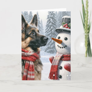 Cartão German shepherd De Natal Com Snowman