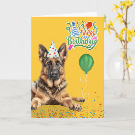Cartão German Shepherd Dog Party Hat Yellow Birthday