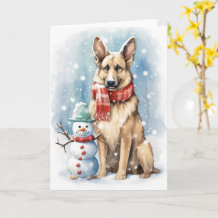 Cartão German shepherd em um Chapéu de Natal com Snowman