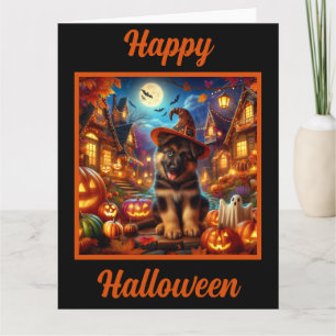 Cartão German shepherd Puppy numa vila de Halloween