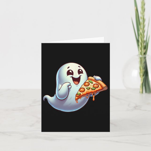 Cartão Ghost Comendo Pizza Homens de Halloween Mulheres C (Frente)