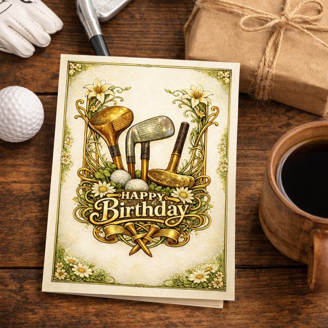 Cartão Gilded Golf Antique Illustration Birthday (Criador carregado)