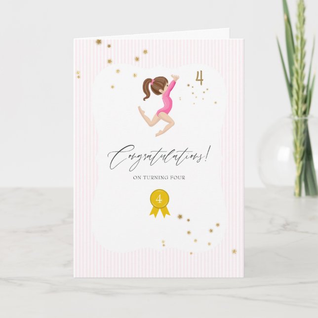 Cartão Ginástica Rosa e Dourado 4º Aniversário (Frente)