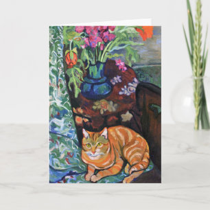 Cartão Ginger Cat Bouquet Flowers Fine Art Valadon