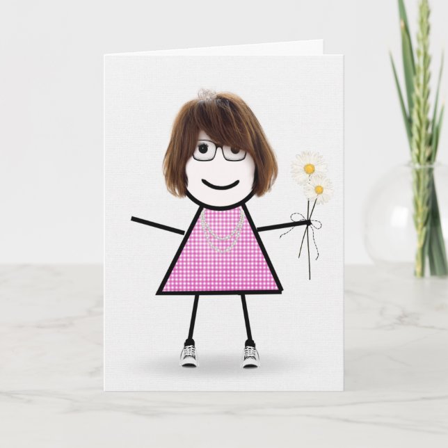 Cartão Gingham Birthday Stick Girl With Daisies (Frente)