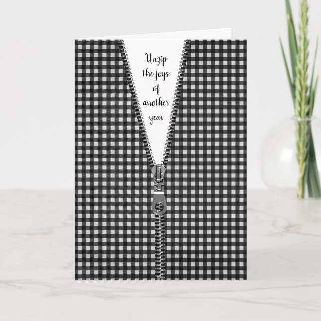 Cartão Gingham preto e branco com Zipper para o aniversár (Frente)
