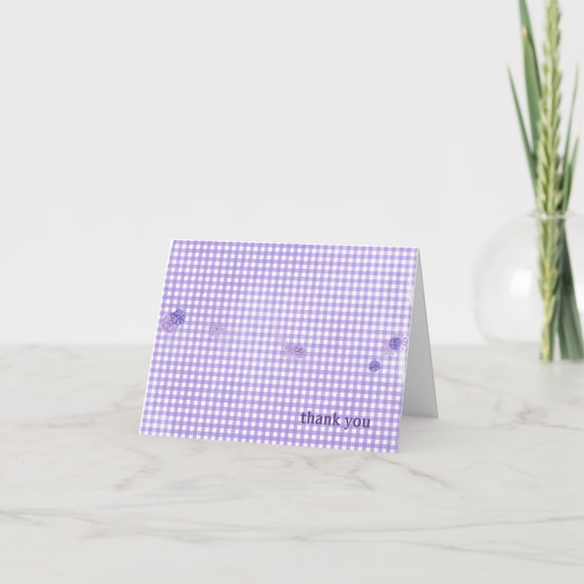 Cartão gingham roxo com flores obrigado você (Frente)