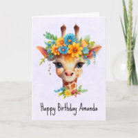 Girafa Bonita com Coroa Floral de Aniversário
