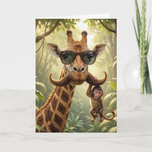 Cartão Girafa de Aniversário com Bigode e Macaco