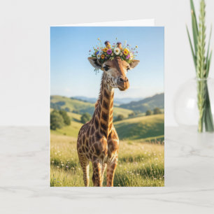 Cartão Girafa de Aniversário com Coroa Floral