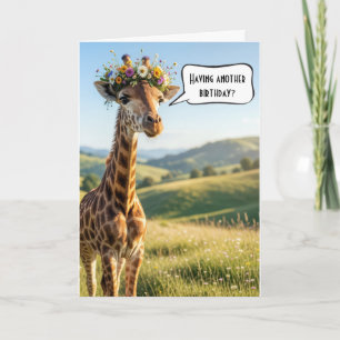Cartão Girafa de Aniversário Humorística com Coroa Floral