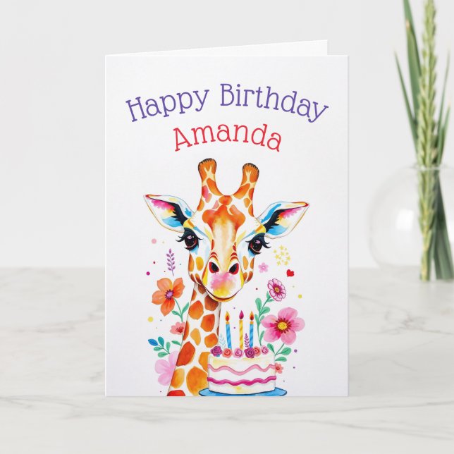 Cartão Girafa de Aquarela com Flores e Bolo Aniversário (Frente)