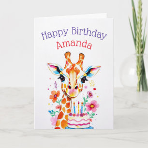 Cartão Girafa de Aquarela com Flores e Bolo Aniversário